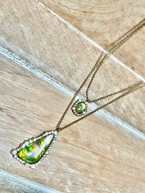 Gold-Tone Double Layer Necklace with Green Iridescent Stone